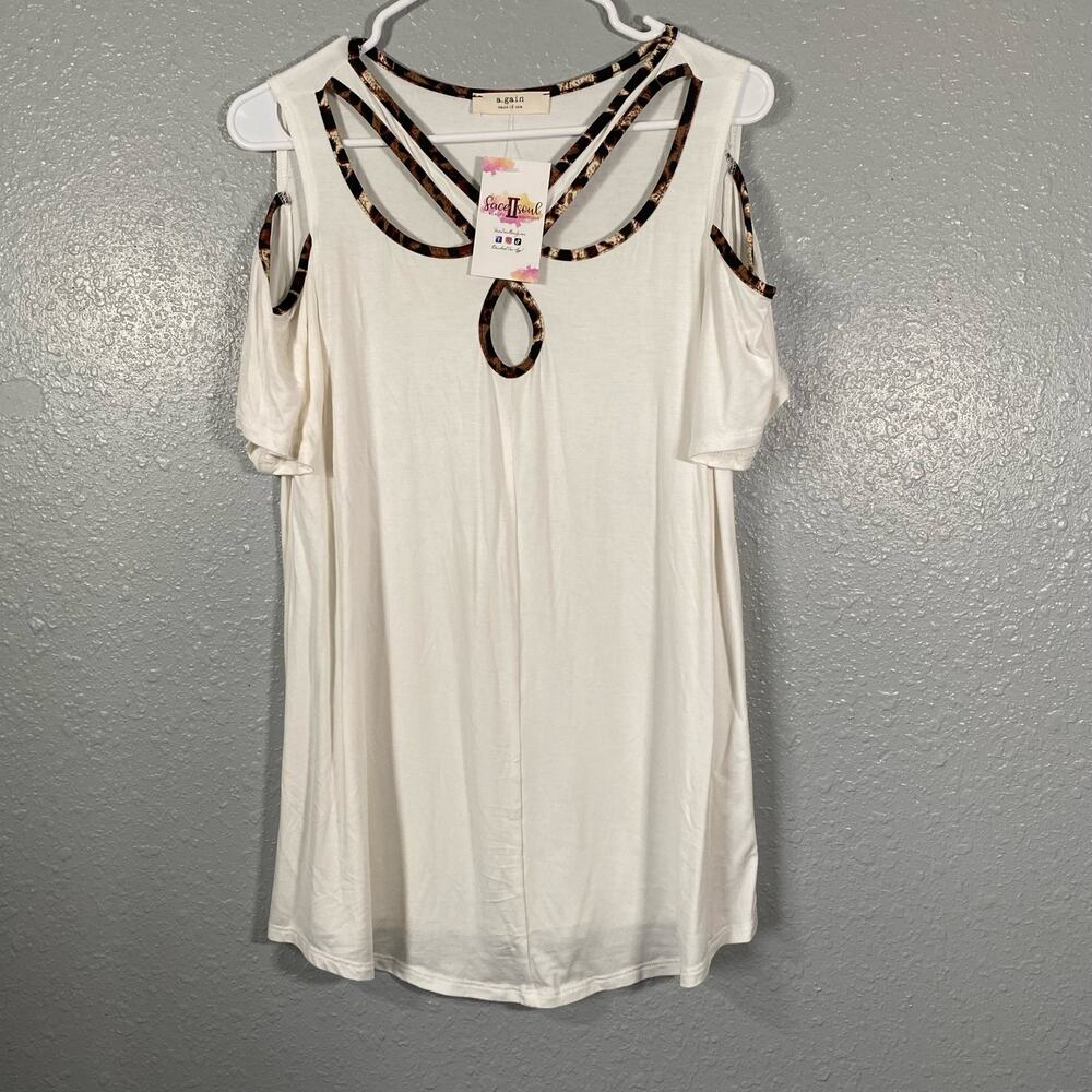 White Cheetah Print Medium Strappy Cut Out Top Cold Shoulder Short Sleeve